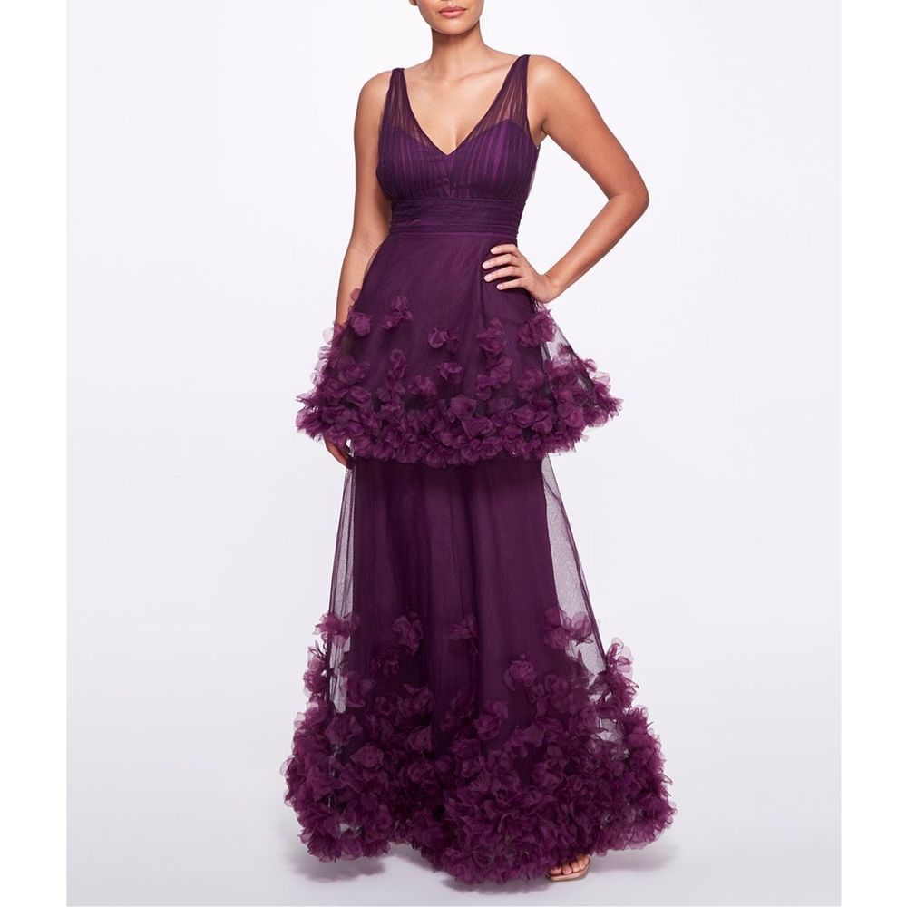 NWT Marchesa Notte Tiered Floral-Appliqué Gown $995